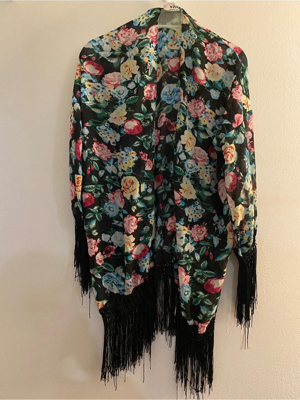Black Floral Fringe Kimono Cardigan / Cover Up
